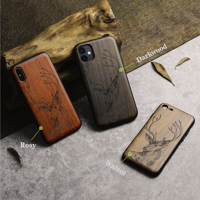 The Half-Length Deer Linework Art, Classic Engraved Wood & TPU Case - Artisanal Cover for Apple iPhone