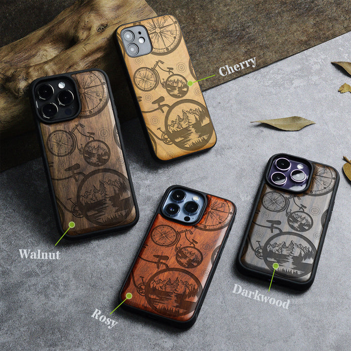 Bicycle Adventure, Classic Engraved Wood & TPU Case - Artisanal Cover for Apple iPhone