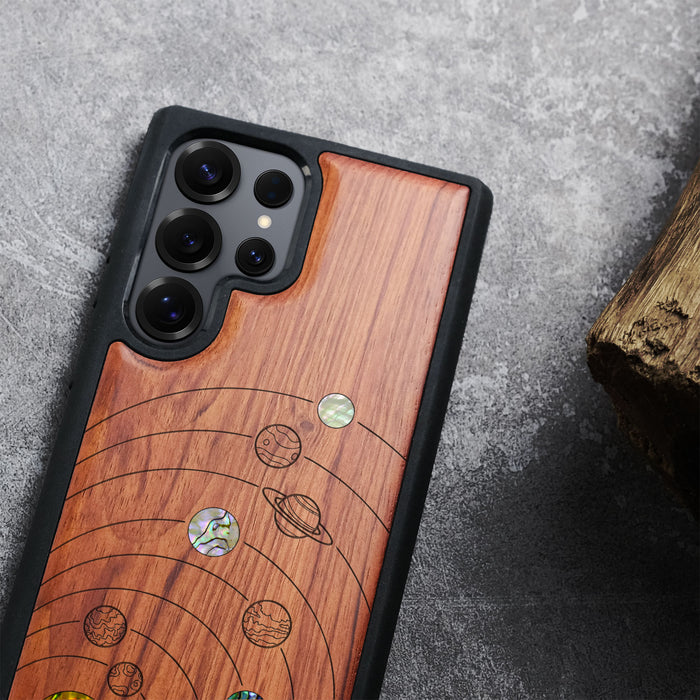 A Minimalist Line Work of Nine Planets, Hand-Inlaid Wood & Mother of Pearl Case - Artisanal Cover for Samsung Galaxy