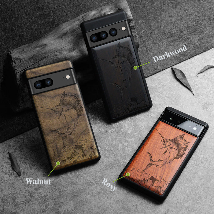 The Soaring Marlin, Classic Engraved Wood & TPU Case - Artisanal Cover for Google Pixel