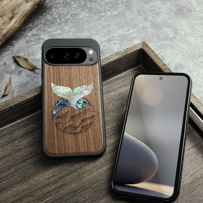 The Whale's Tail, Hand-Inlaid Wood & Mother of Pearl Case - Artisanal Cover for Google Pixel