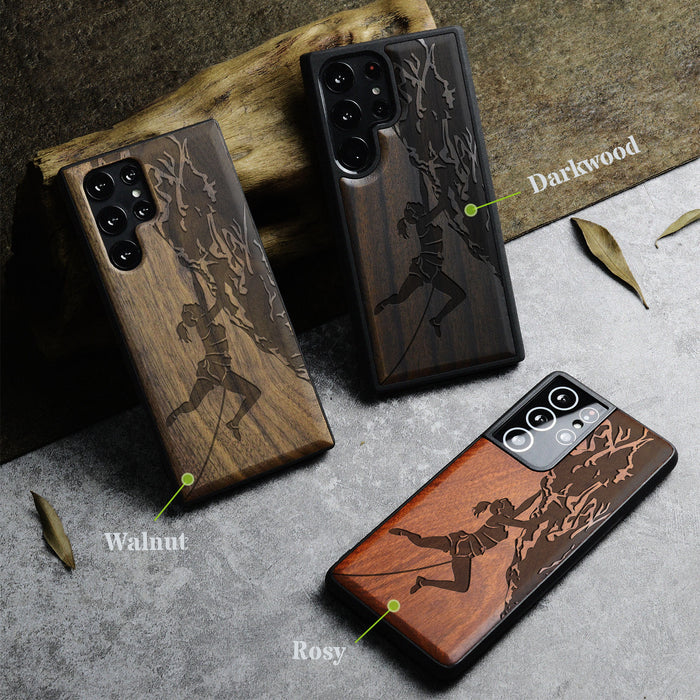 Woman Ascending the Cliff, Classic Engraved Wood & TPU Case - Artisanal Cover for Samsung Galaxy