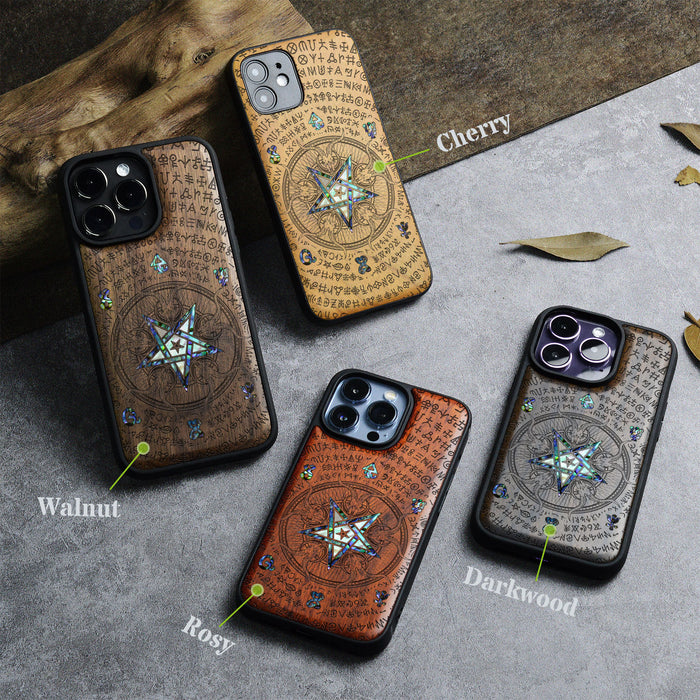 Whisper of the Abyss, Hand-Inlaid Wood & Mother of Pearl Case - Artisanal Cover for Apple iPhone