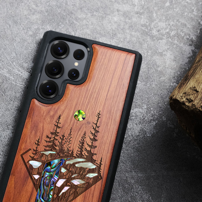 The Floating Forest and Waterfall, Hand-Inlaid Wood & Mother of Pearl Case - Artisanal Cover for Samsung Galaxy