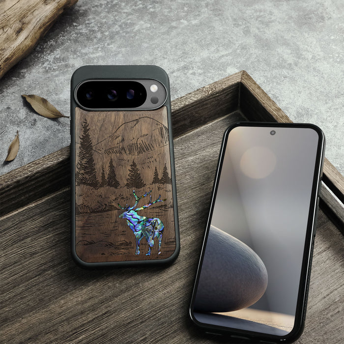 An Enthralling Natural Landscape Illustration, Hand-Inlaid Wood & Mother of Pearl Case - Artisanal Cover for Google Pixel