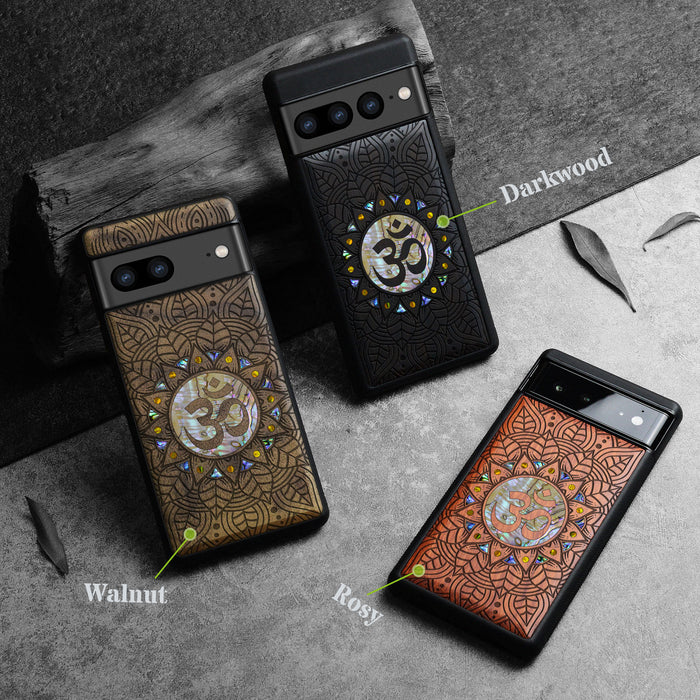 Harmony's Whisper Mandala, Hand-Inlaid Wood & Mother of Pearl Case - Artisanal Cover for Google Pixel