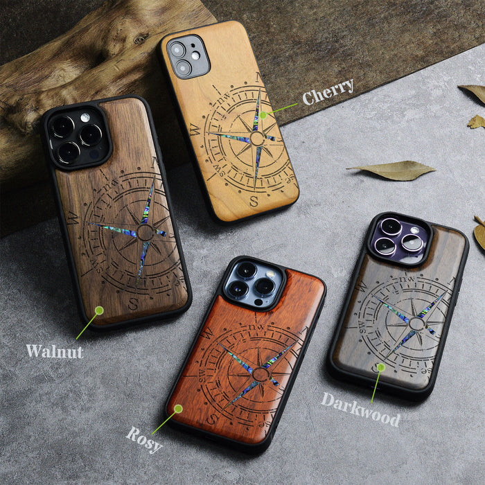 The Incomplete Compass, Hand-Inlaid Wood & Mother of Pearl Case - Artisanal Cover for Apple iPhone