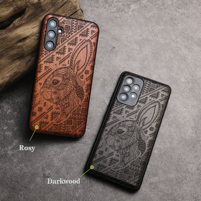 Zentangle Rabbit Amidst Geometry, Classic Engraved Wood & TPU Case - Artisanal Cover for Samsung Galaxy