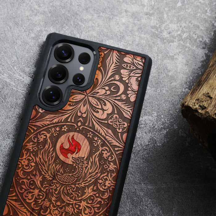 Phoenix in Symmetry, Hand-Inlaid Wood & Mother of Pearl Case - Artisanal Cover for Samsung Galaxy