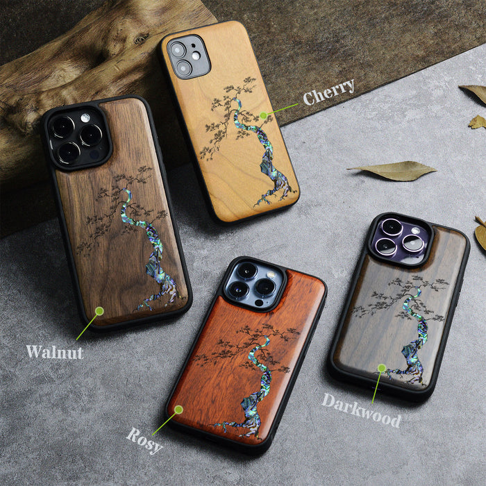 The Majestic Pine Tree, Hand-Inlaid Wood & Mother of Pearl Case - Artisanal Cover for Apple iPhone