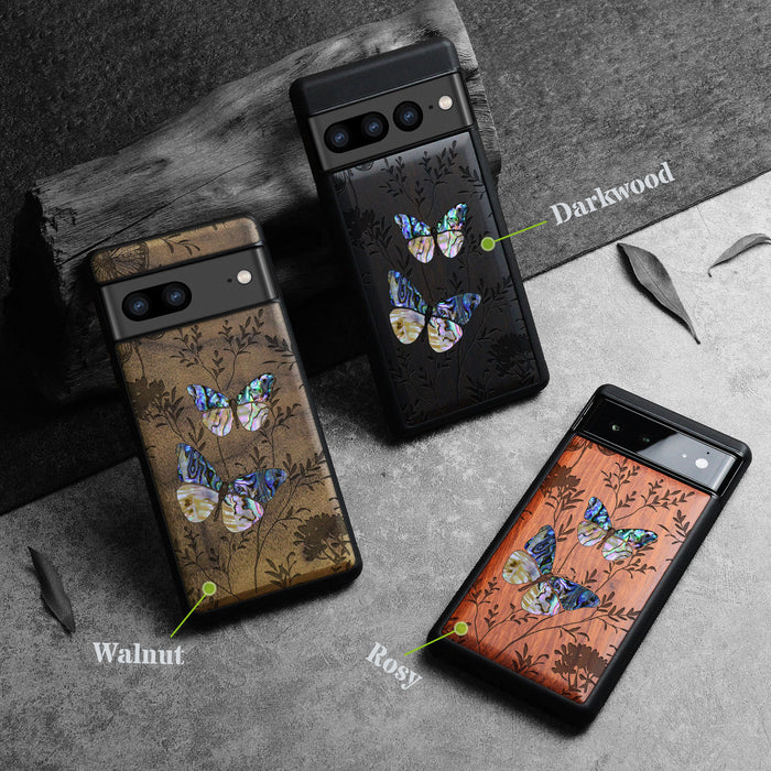 A Dance of Nature, Hand-Inlaid Wood & Mother of Pearl Case - Artisanal Cover for Google Pixel