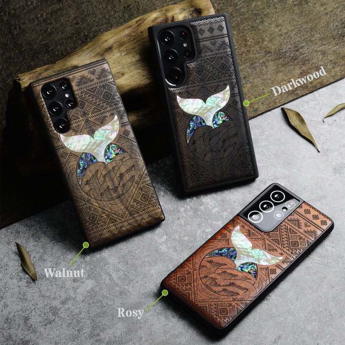 The Whale's Song Amidst Aztec Waves, Hand-Inlaid Wood & Mother of Pearl Case - Artisanal Cover for Samsung Galaxy