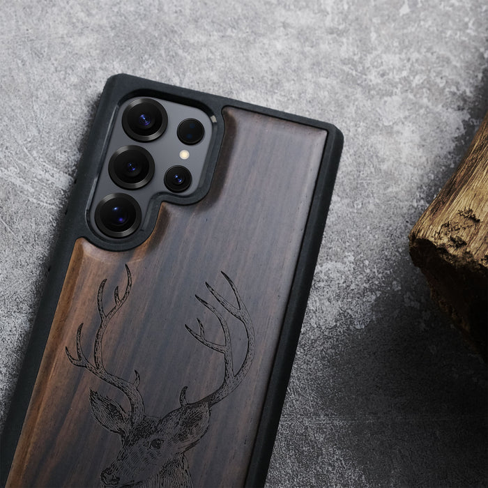 The Half-Length Deer Linework Art Classic Engraved Wood & TPU Case Samsung Galaxy Artisanal Case View