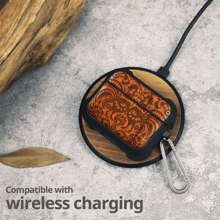 Polish Folk Art with Roosters and Florals - Wood Artisan Engraved & Shell Hand-Inlaid Cover - Artisanal Case for Apple AirPods (Titanium Quick Released Clasp)