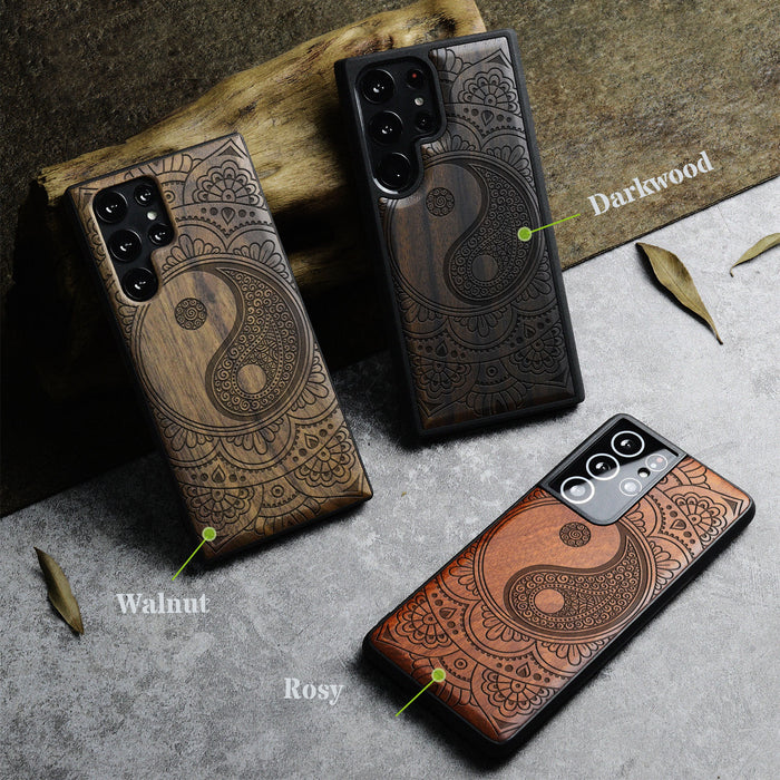 The Yin-Yang Mandala, Classic Engraved Wood & TPU Case - Artisanal Cover for Samsung Galaxy