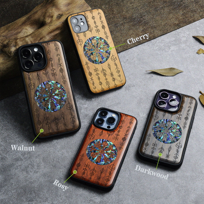 Echoes of Viking Lore, Hand-Inlaid Wood & Mother of Pearl Case - Artisanal Cover for Apple iPhone