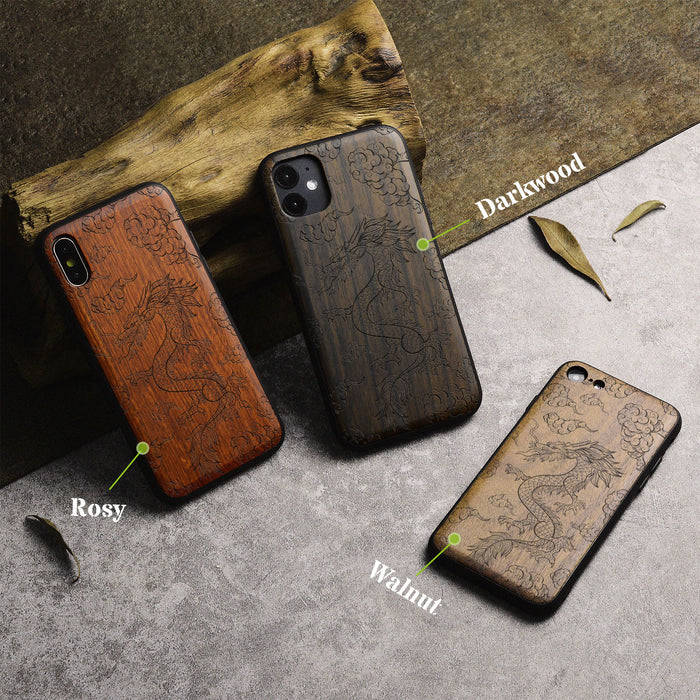 The Dragon's Ascent, Classic Engraved Wood & TPU Case - Artisanal Cover for Apple iPhone