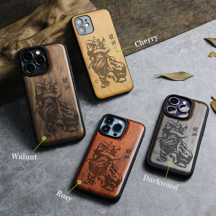 Lunar Lion, Classic Engraved Wood & TPU Case - Artisanal Cover for Apple iPhone