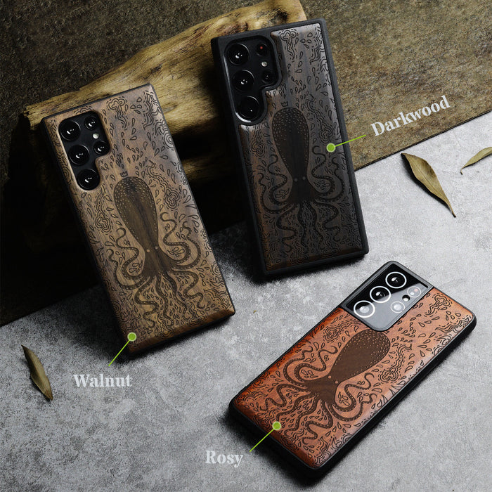 The Floral Octopus, Classic Engraved Wood & TPU Case - Artisanal Cover for Samsung Galaxy