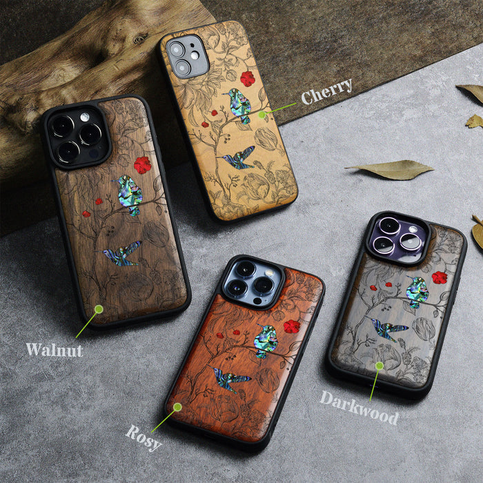 A Dance of Flora and Avian, Hand-Inlaid Wood & Mother of Pearl Case - Artisanal Cover for Apple iPhone