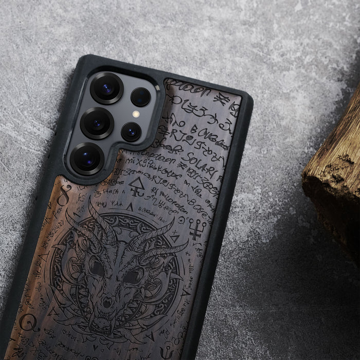 Dragon Skull within an Octagonal Star, Classic Engraved Wood & TPU Case - Artisanal Cover for Samsung Galaxy
