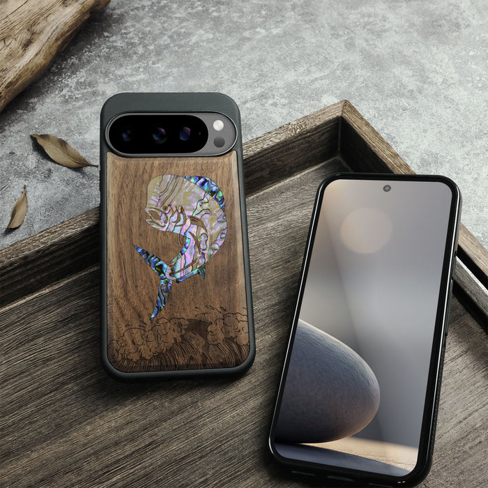 The Majestic Mahi-Mahi, Hand-Inlaid Wood & Mother of Pearl Case - Artisanal Cover for Google Pixel