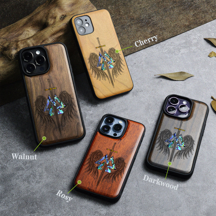 Wings of Valor Essence, Hand-Inlaid Wood & Mother of Pearl Case - Artisanal Cover for Apple iPhone