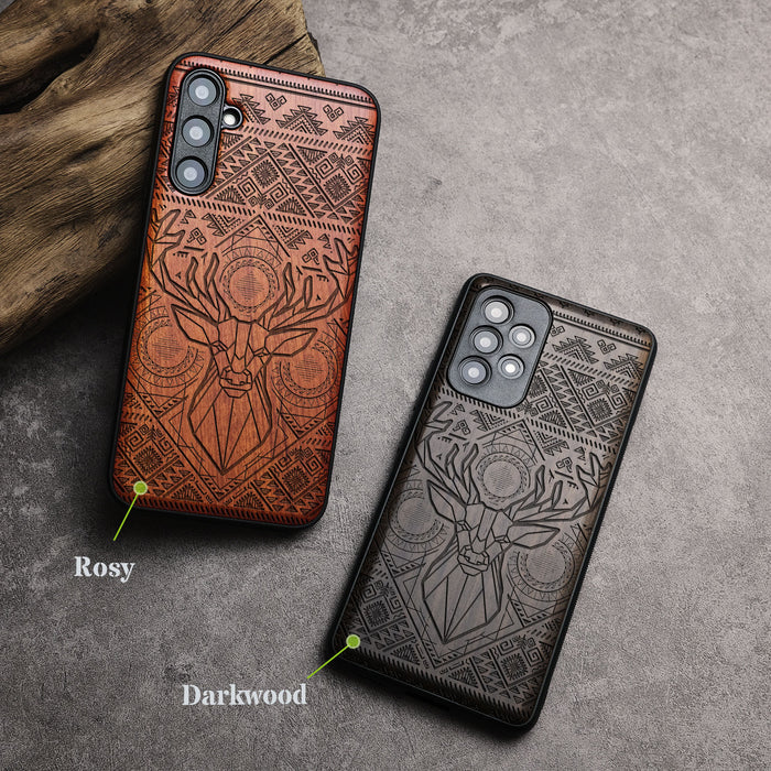 Geometric Deer Amidst Intricate Patterns, Classic Engraved Wood & TPU Case - Artisanal Cover for Samsung Galaxy