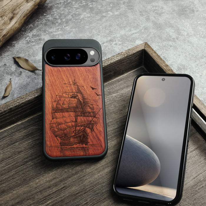 Sailboat Calm, Classic Engraved Wood & TPU Case - Artisanal Cover for Google Pixel