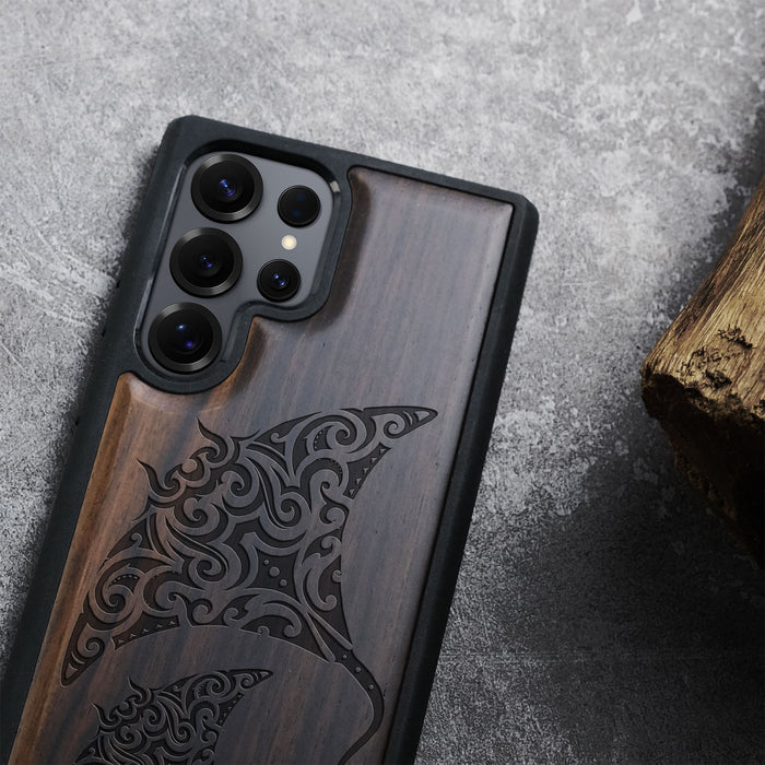 Polynesian Manta Rays Classic Engraved Wood & TPU Case Samsung Galaxy Artisanal Case View