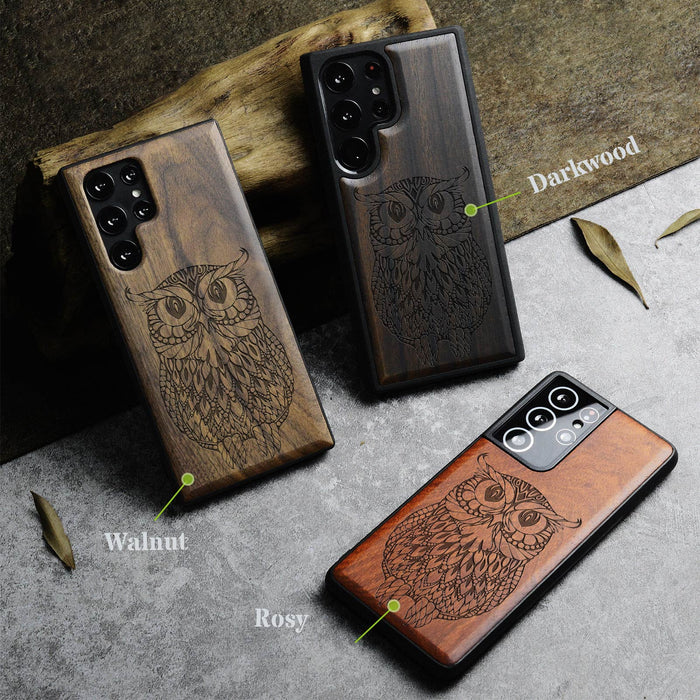 The Owl Mandala, Classic Engraved Wood & TPU Case - Artisanal Cover for Samsung Galaxy