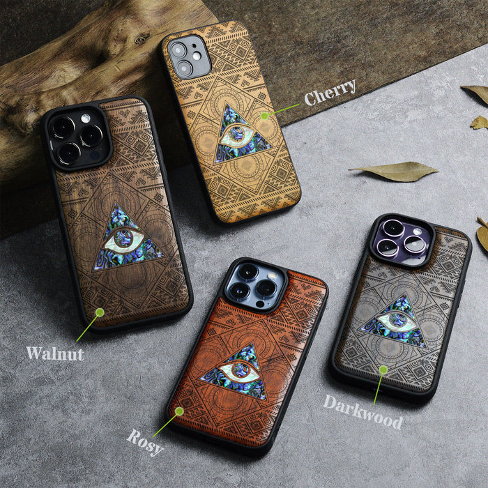 The All-Seeing Eye, Hand-Inlaid Wood & Mother of Pearl Case - Artisanal Cover for Apple iPhone