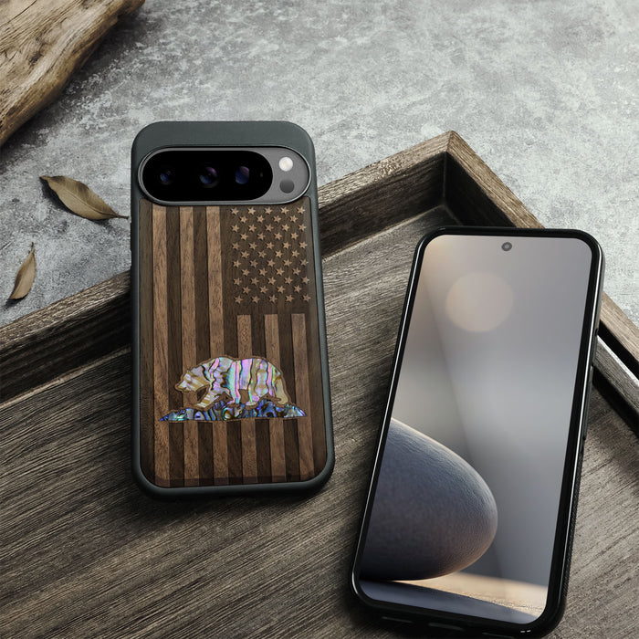 The Grizzly of the Golden State, Hand-Inlaid Wood & Mother of Pearl Case - Artisanal Cover for Google Pixel