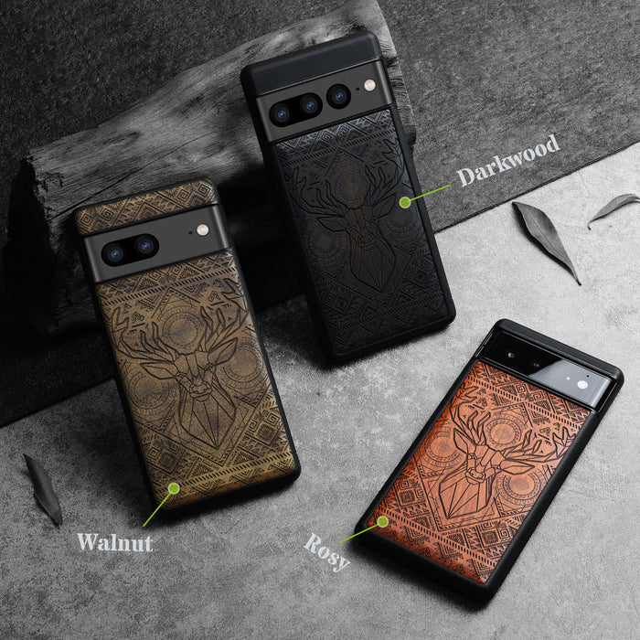 Geometric Deer Amidst Intricate Patterns, Classic Engraved Wood & TPU Case - Artisanal Cover for Google Pixel