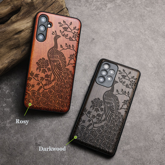 The Majestic Asian Peacock, Classic Engraved Wood & TPU Case - Artisanal Cover for Samsung Galaxy