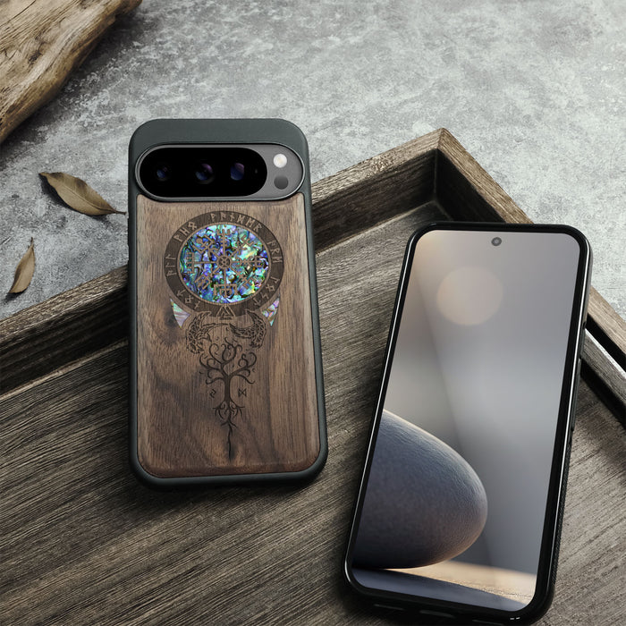 Eternal Compass Roots, Hand-Inlaid Wood & Mother of Pearl Case - Artisanal Cover for Google Pixel