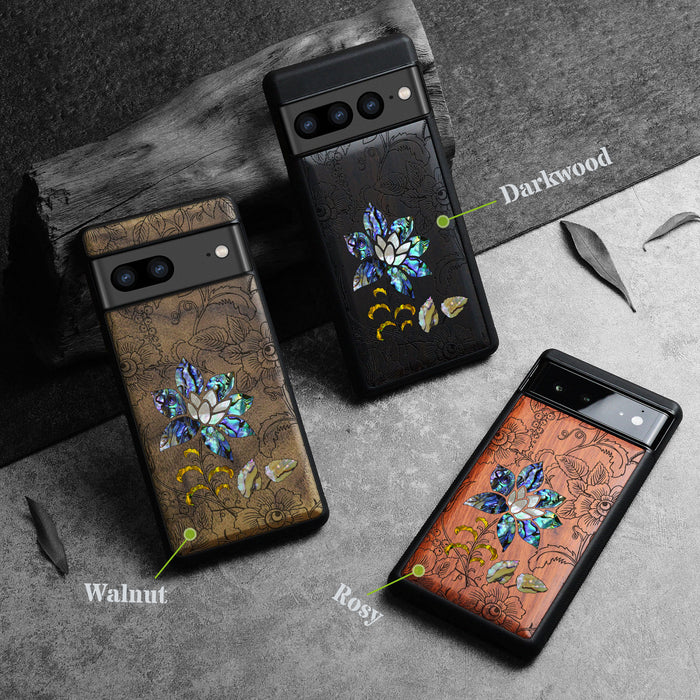 A Seamless Pattern of Flowers and Leaves, Hand-Inlaid Wood & Mother of Pearl Case - Artisanal Cover for Google Pixel