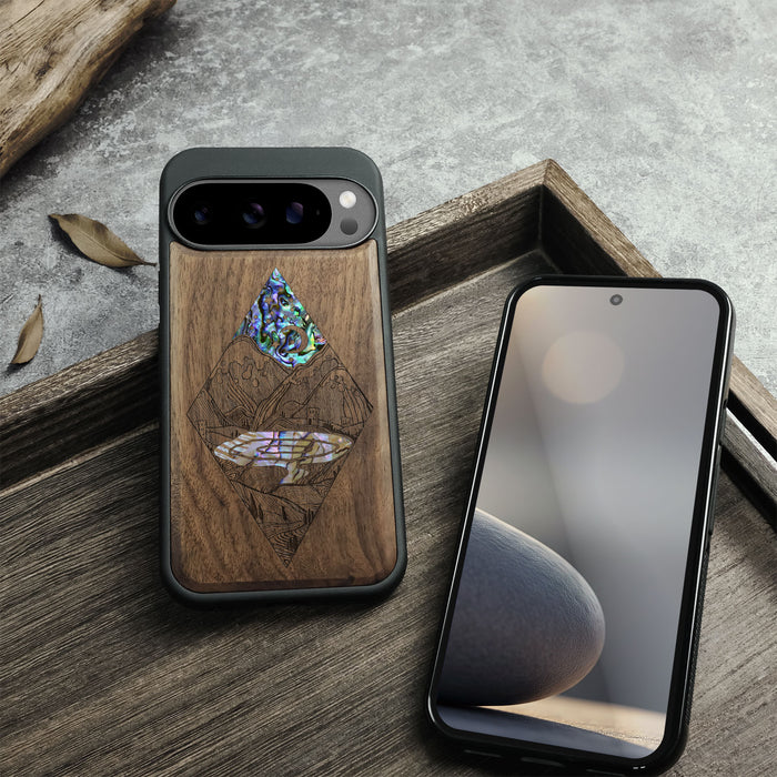 A Glimpse into the Starlit Wilderness, Hand-Inlaid Wood & Mother of Pearl Case - Artisanal Cover for Google Pixel