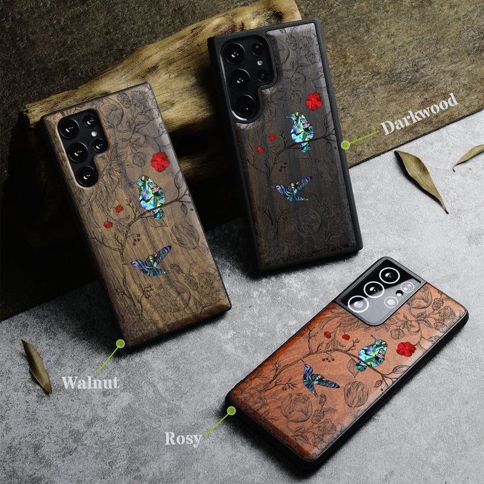 A Dance of Flora and Avian, Hand-Inlaid Wood & Mother of Pearl Case - Artisanal Cover for Samsung Galaxy