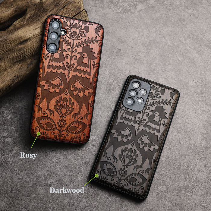 Polish Folk Art with Roosters and Florals, Classic Engraved Wood & TPU Case - Artisanal Cover for Samsung Galaxy