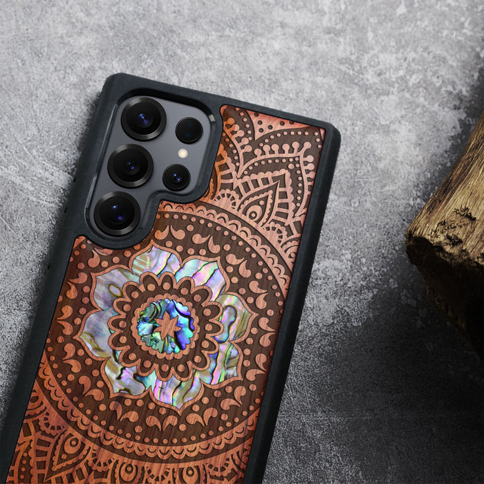 The Indian Floral Mandala, Hand-Inlaid Wood & Mother of Pearl Case - Artisanal Cover for Samsung Galaxy