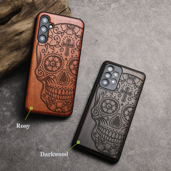 The Dia de los Muertos Sugar Skull, Classic Engraved Wood & TPU Case - Artisanal Cover for Samsung Galaxy