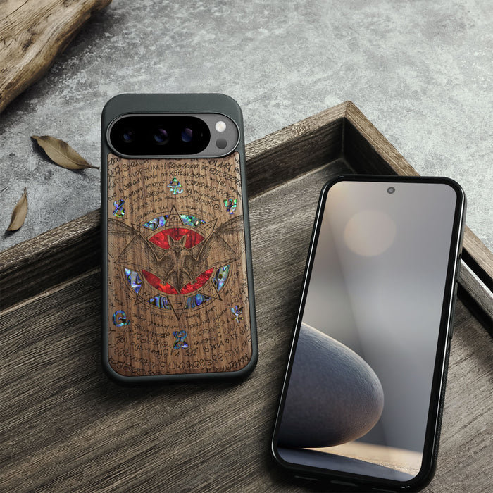 The Bat and the Octagonal Star, Hand-Inlaid Wood & Mother of Pearl Case - Artisanal Cover for Google Pixel
