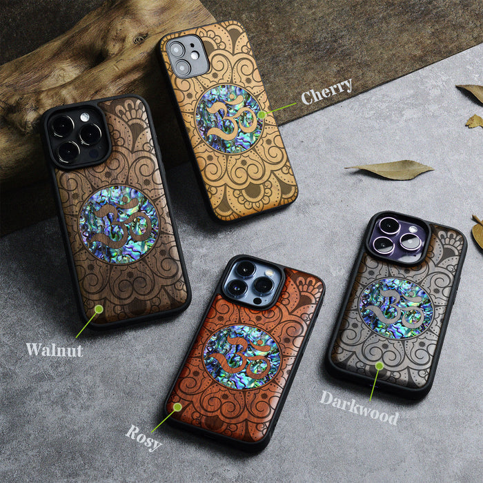 Eternal Om Mandala, Hand-Inlaid Wood & Mother of Pearl Case - Artisanal Cover for Apple iPhone