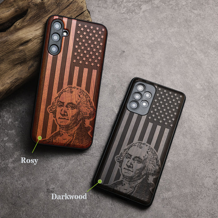 George Washington's Portrait Amidst Stars and Stripes, Classic Engraved Wood & TPU Case - Artisanal Cover for Samsung Galaxy