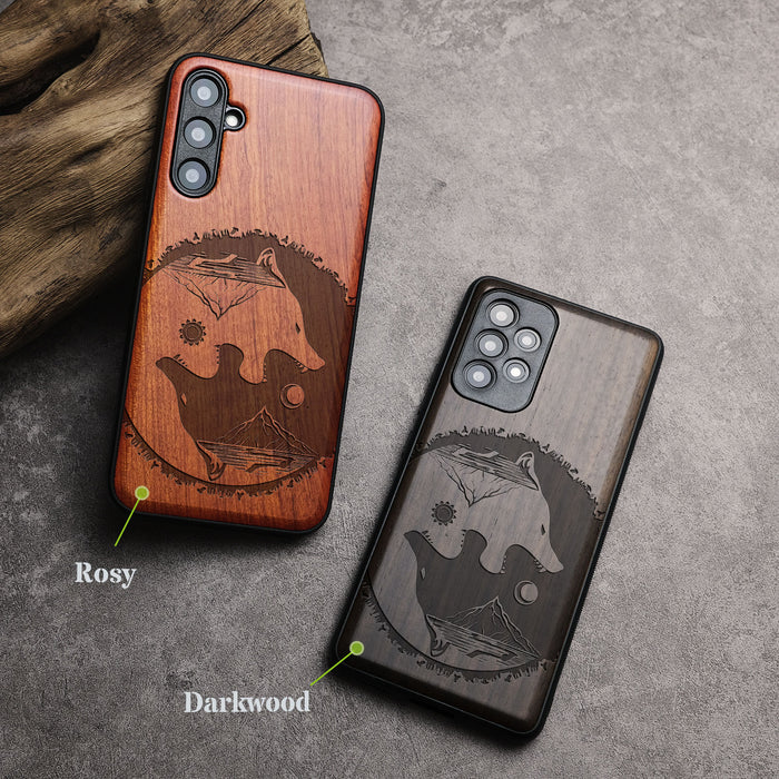 Yin-Yang Wolf, Classic Engraved Wood & TPU Case - Artisanal Cover for Samsung Galaxy