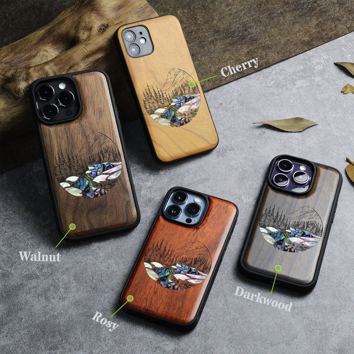 The Lake and Mountain Landscape, Hand-Inlaid Wood & Mother of Pearl Case - Artisanal Cover for Apple iPhone