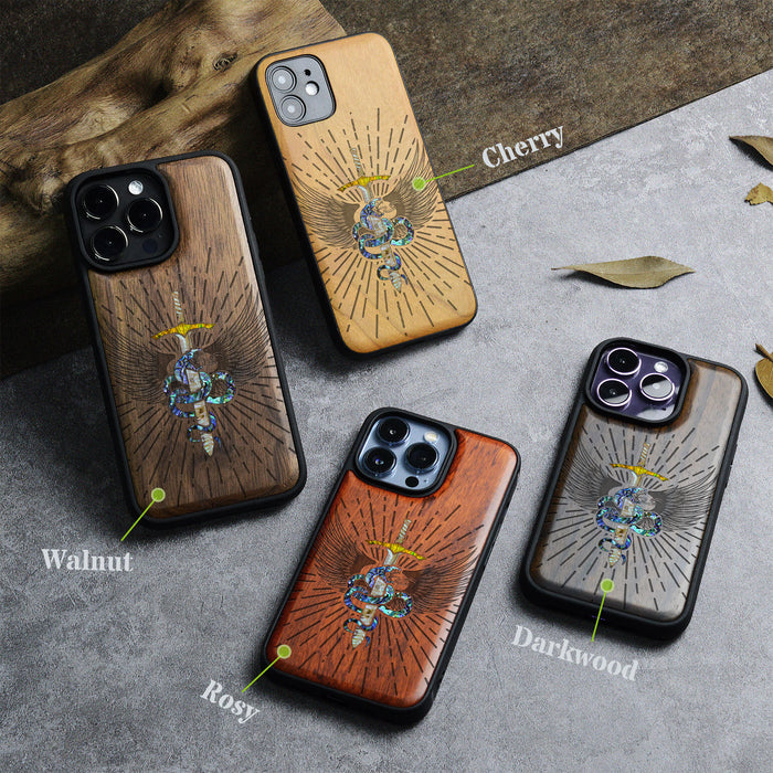 Serpent Winged Sword, Hand-Inlaid Wood & Mother of Pearl Case - Artisanal Cover for Apple iPhone