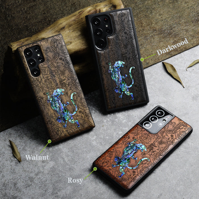 A Tiger Amidst Flowers, Hand-Inlaid Wood & Mother of Pearl Case - Artisanal Cover for Samsung Galaxy