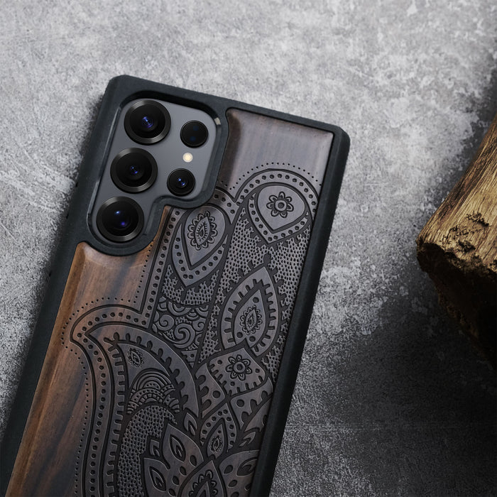 Ornate Hamsa Design, Classic Engraved Wood & TPU Case - Artisanal Cover for Samsung Galaxy